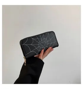 Detailed close-up of black long zipper wallet featuring heart spider web print design