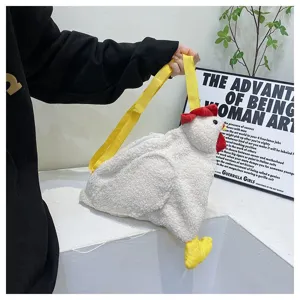 Süße weiße Plüsch-Hähnchen-Umhängetasche mit gelbem Riemen und flauschiger Textur