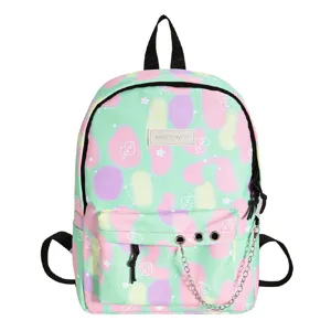 Pastel macaron canvas backpack for girls with chain decoration and heart pattern