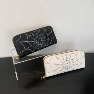 Women Long Zipper Wallet Fashion PU Leather Clutch Bag Spider Web Heart Print Multi Card Slots Phone Purse