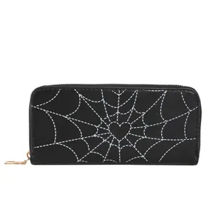 Black long zip wallet for women featuring a white spider web and heart print.