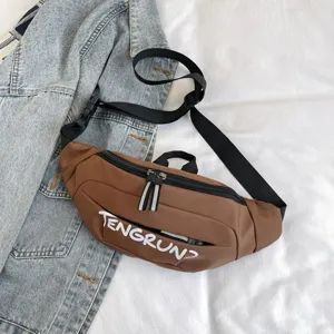 Braune Canvas-Umhängetasche für Damen und Herren mit weißem TENGRUN-Textaufdruck