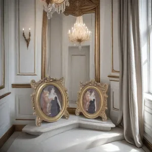 Detail of ornate gold resin photo frames with vintage portraits in luxury interior