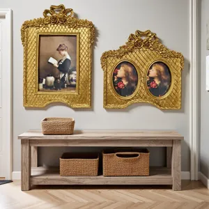 French retro bow carved gold picture frame wall hanging, exquisite resin decor detail.