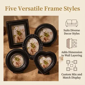 Vintage black and gold photo frame set with oval, heart, and square shapes