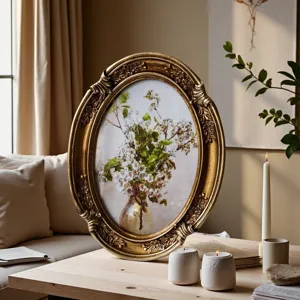 Close-up of ornate vintage oval picture frame with gold floral carvings on a table