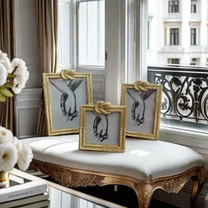 Gold luxury photo frame set with woven texture and top knot detail for modern home decor.
