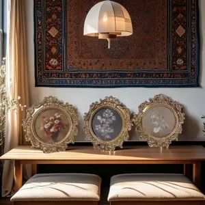 Vintage European round decorative photo frame set, ornate gold carved desktop display.