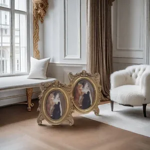 Ornate vintage golden resin photo frames with exquisite carved details in room
