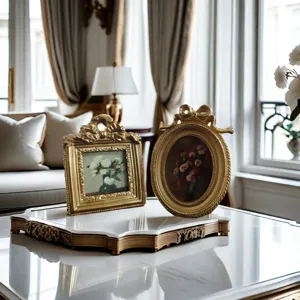 Two vintage golden ornate picture frames with floral art in a luxury living room