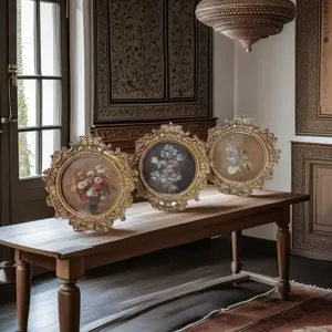 Detail view of ornate vintage gold round picture frames showcasing exquisite baroque carvings and floral art.