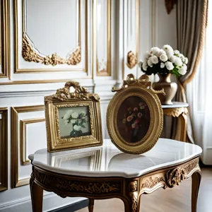 Exquisite close-up of two ornate gold European style photo frames on a luxury marble table