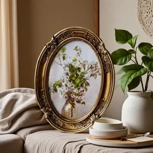 Detail view of ornate gold oval picture frame with vintage floral art print