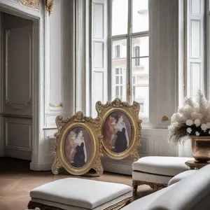 Ornate gold resin picture frames displayed in a luxury classical room interior setting