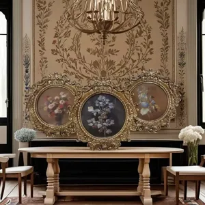 Vintage round picture frames set with ornate carved gold finish for retro home decor.