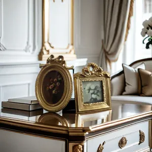Detail of vintage gold ornate photo frames with floral art on a classic side table