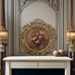 Detail view of a luxury vintage round gold photo frame with ornate baroque carved patterns.