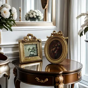 Elegant close-up of two ornate gold vintage picture frames with ribbon details on luxury table