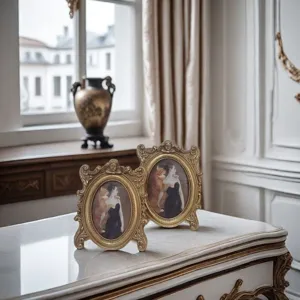 Ornate vintage resin picture frames with baroque carvings on a white marble table