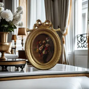 Luxurious antique gold oval picture frame with bow detail and vintage floral art