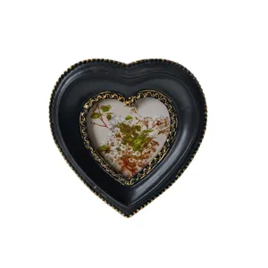 Vintage heart-shaped photo frame with black and gold distressed finish for home desk decor.