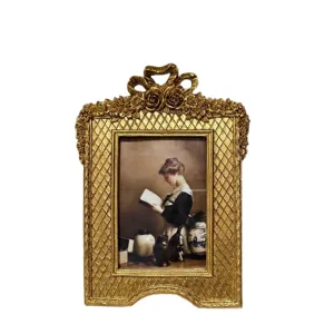 French vintage bow-knot carved golden photo frame luxury resin tabletop desktop decor.