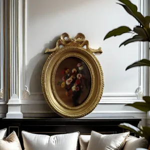 Elegant vintage gold oval picture frame with bow decor for home wall or tabletop display