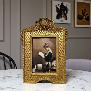 French vintage gold photo frame with bow resin tabletop decor for bedroom living room home display
