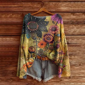 Boat Neck Long Sleeve Floral 3D Print Knitted Sweater Stylish Casual Pullover Top For Women