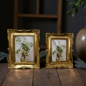 Baroque gold resin photo frames set, vintage tabletop picture frame decor for home.