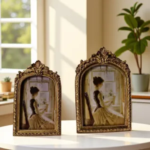 European vintage resin photo frame set, ornate gold relief tabletop decor for bedroom.