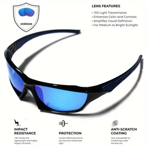 Detail view of sports sunglasses featuring blue mirrored TAC lenses and UV protection