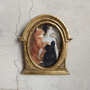 Ornate vintage European style gold resin photo frame featuring cat and lady art painting