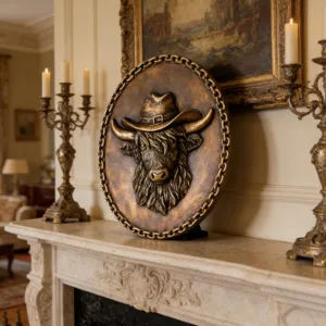 Detail of vintage bronze Highland cow relief plaque with a cowboy hat design for home decor