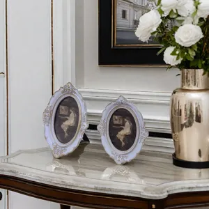 Vintage French rococo carved oval photo frame, resin gold painted home decor display.