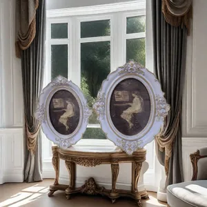 French vintage Rococo carved oval picture frame with resin gold detailing for home decor.