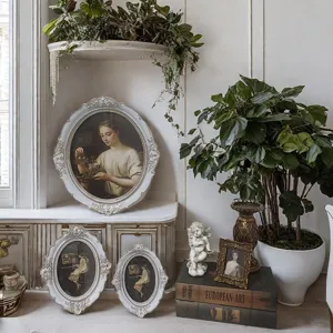 French vintage rococo carved oval resin picture frame gold painted home decor display