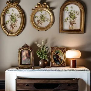 European vintage resin picture frames set, antique gold wall hanging and table photo frames.