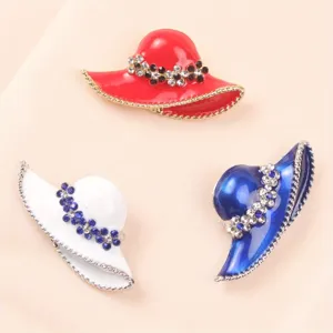 Elegant Hat Shaped Enamel Brooch For Women Rhinestone Inlaid Alloy Hat Pin Vintage Coat Corsage Fashion Jewelry Accessory Red Blue White