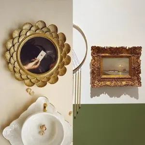 Detailed view of ornate gold vintage resin frames in circular and baroque styles