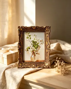 Elegant ornate vintage gold picture frame with floral art on a warm sunlit wooden table