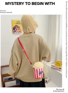 Sac à bandoulière en peluche pour enfant en forme de pop-corn avec sangle rouge réglable