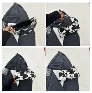Stylish cow print underarm hobo bag for women shown in various detailed angles and views