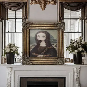 Macro view of an ornate golden resin picture frame displayed on a white mantel