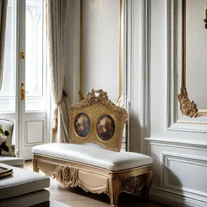 Detailed view of an ornate French vintage golden frame featuring two classical child portraits