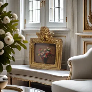 French vintage gold picture frame with cherub angel detail displayed on a luxury white bench