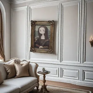 Detail view of an ornate European carved resin picture frame in a luxury room interior