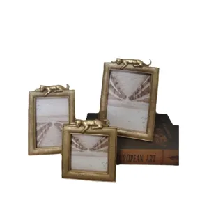 Set of 3 luxury gold resin picture frames with decorative leopard figurines for home decor
