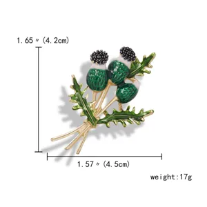 Detailed size view of green enamel thistle flower brooch with measurement markings