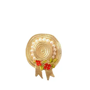 Broche vintage en forme de chapeau de paille doré avec perles et fleurs pour manteau